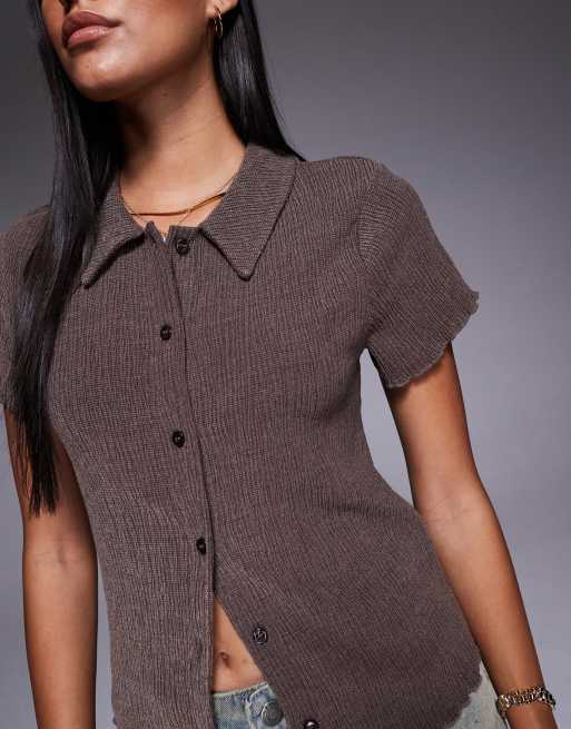 ASOS DESIGN textured button up short sleeve shirt in brown, 3 of 4