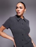 [ASOS DESIGN] ASOS DESIGN textured button up short sleeve shirt in charcoal-Black S Charcoal