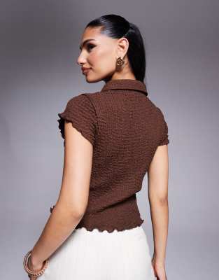 Asos Design Textured Button Up Short Sleeve Top In Brown