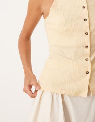Asos Design Textured Button Up Strappy Top In Yellow