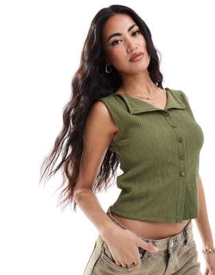 Asos Design Textured Button Up Tank In Dark Green