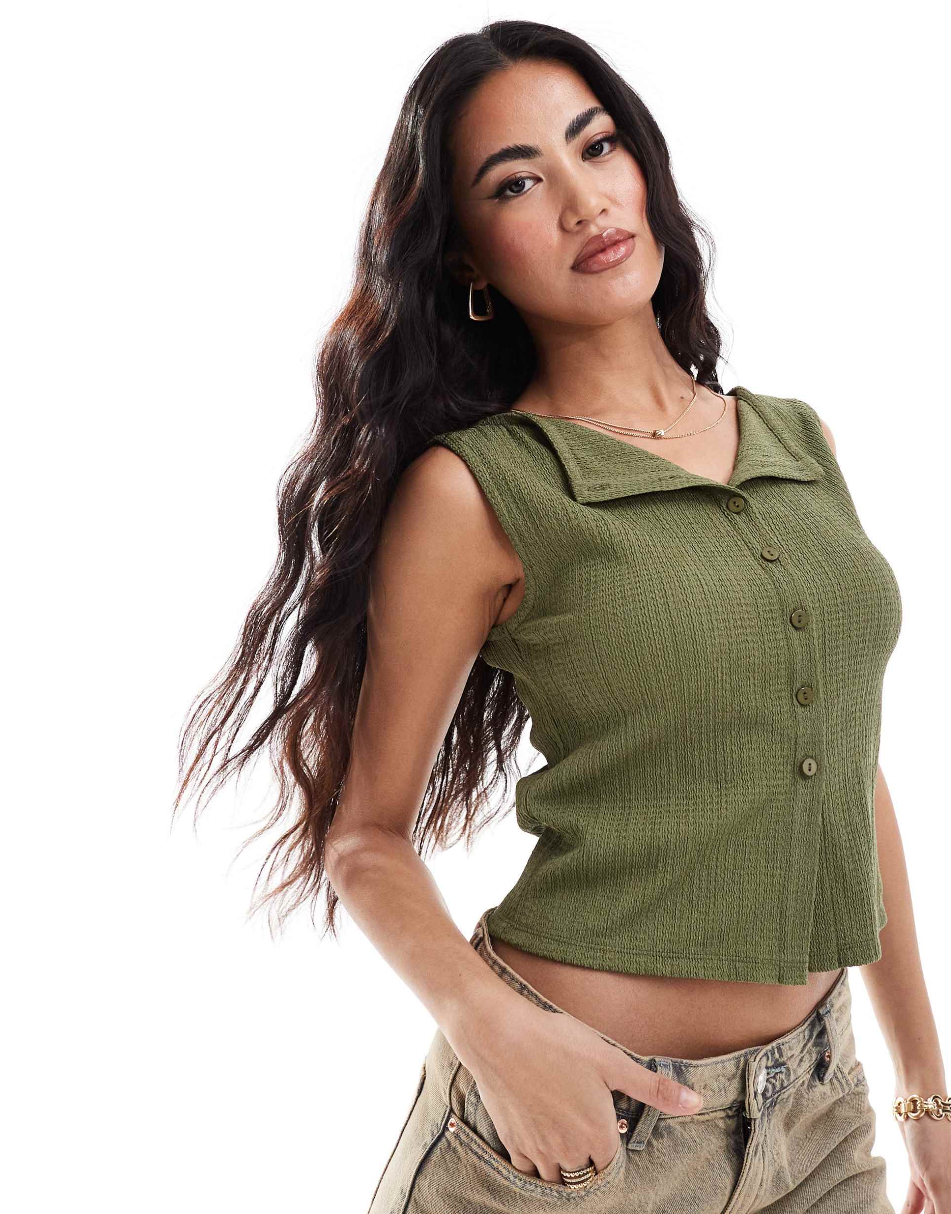 asos design textured button up tank in dark green