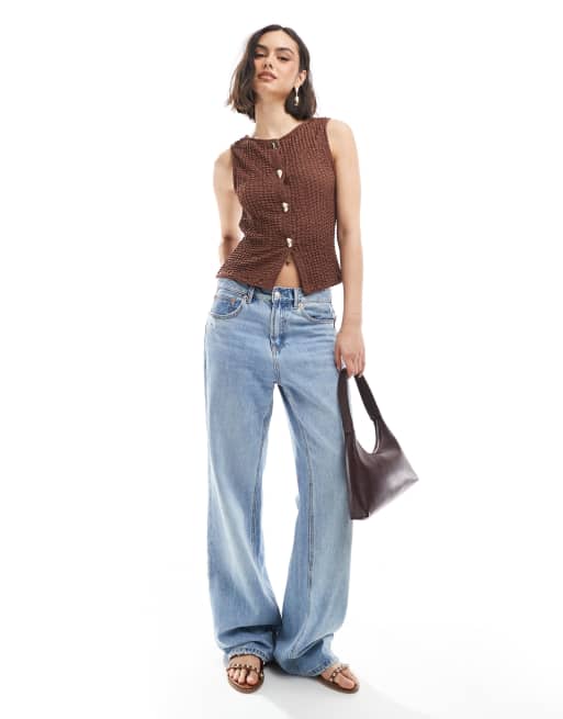 ASOS DESIGN textured button up top with gold hardware buttons in brown, 2 of 4