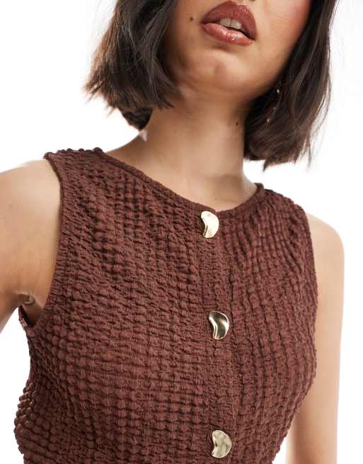 ASOS DESIGN textured button up top with gold hardware buttons in brown, 3 of 4