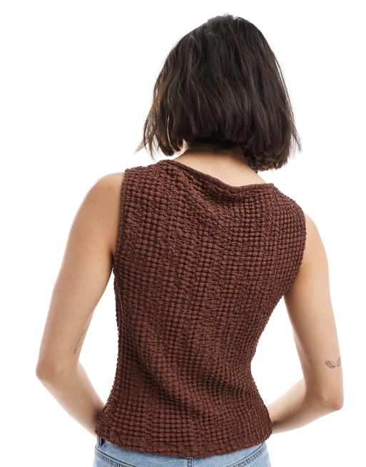ASOS DESIGN textured button up top with gold hardware buttons in brown, 4 of 4