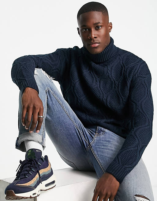  textured cable knit roll neck jumper in navy 
