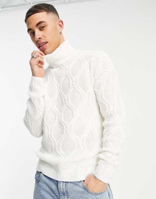 ASOS DESIGN textured cable knit roll neck jumper in white ASOS