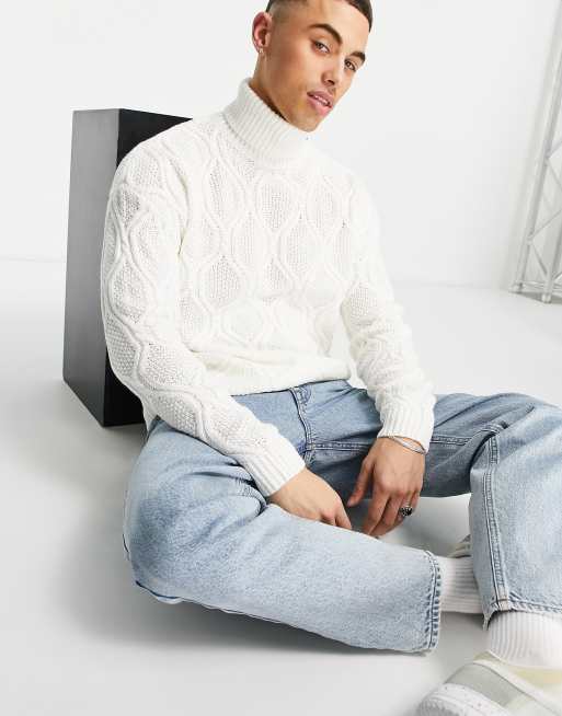 ASOS DESIGN textured cable knit roll neck sweater in white