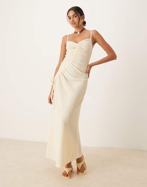 ASOS DESIGN textured cami drawstring ruched front midi dress in cream - view 1