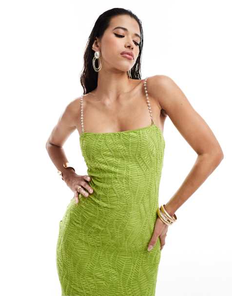 ASOS DESIGN textured cami midi dress with pearl trim straps in bright green - view 1