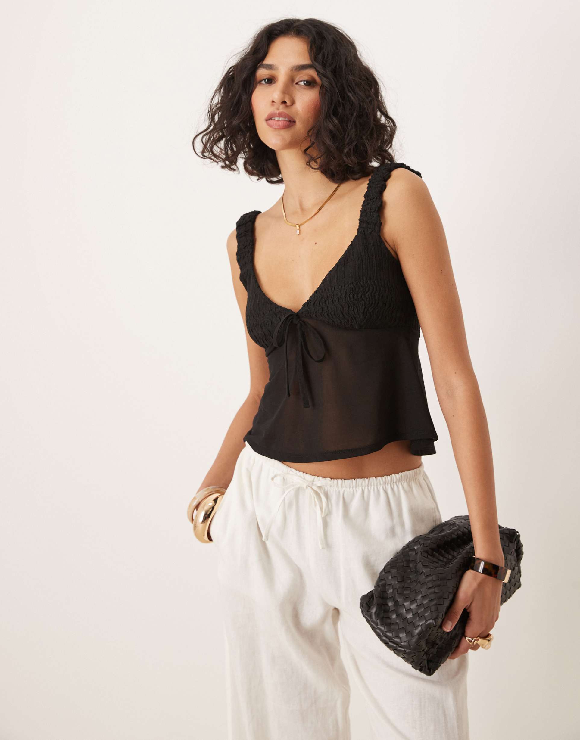 asos design textured cami top with mesh mix in black