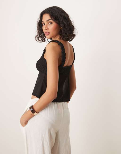 ASOS DESIGN textured cami top with mesh mix in black | ASOS