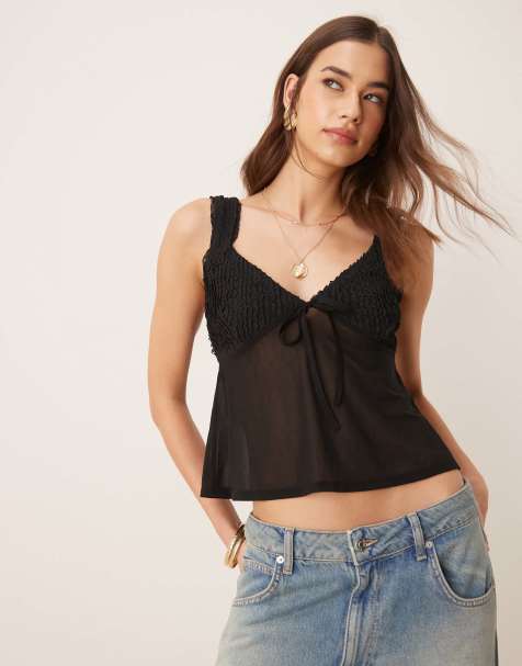 ASOS DESIGN textured cami top with mesh mix in black - view 1