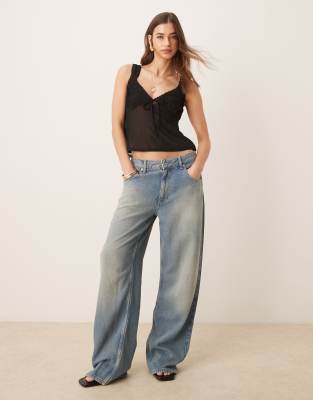 ASOS DESIGN textured cami top with mesh mix in black