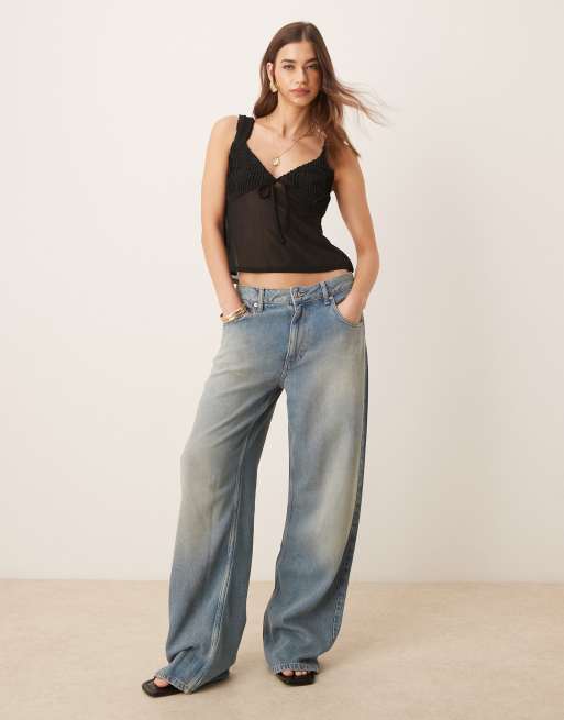 ASOS DESIGN textured cami top with mesh mix in black