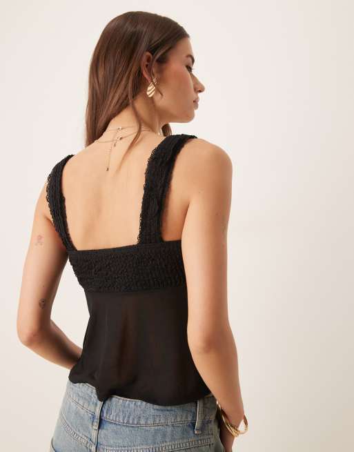 ASOS DESIGN textured cami top with mesh mix in black