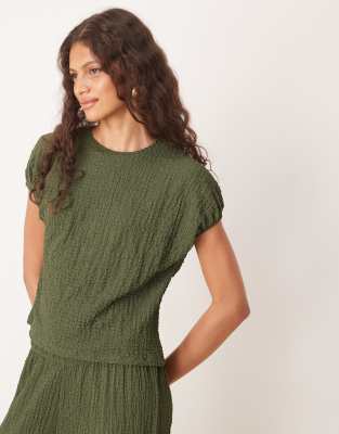 Asos Design Textured Cap Sleeve Detail T-shirt In Green