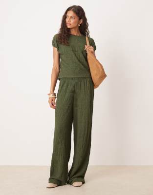 Asos Design Textured Cap Sleeve Detail T-shirt In Green