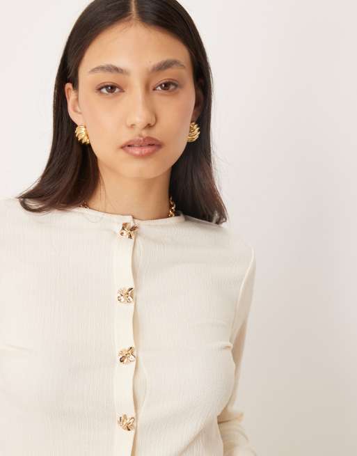 ASOS DESIGN textured cardigan with golden button detail in ecru, 4 of 4