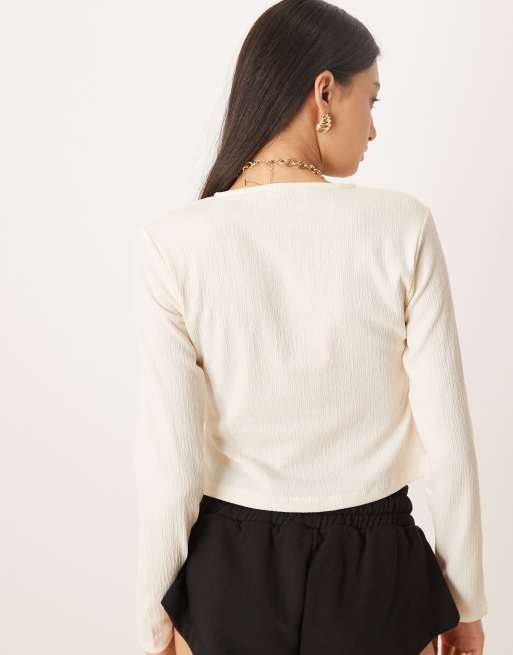 ASOS DESIGN textured cardigan with golden button details in ecru, 3 of 4