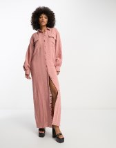 ASOS DESIGN gathered detail maxi shirt dress with belt in pink