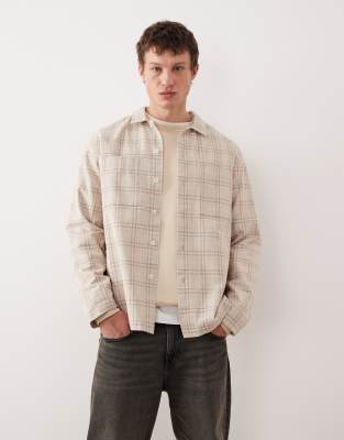 ASOS DESIGN textured check overshirt in beige-Neutral
