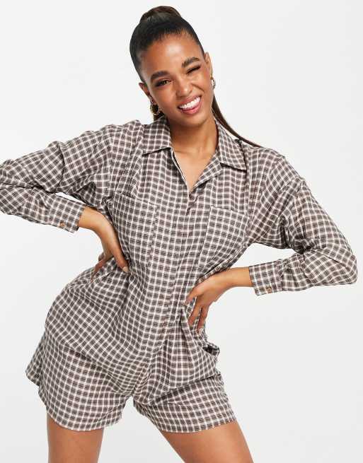 ASOS DESIGN textured check oversized romper in brown 