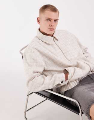 Asos Design Textured Checked Harrington Jacket In Neutral