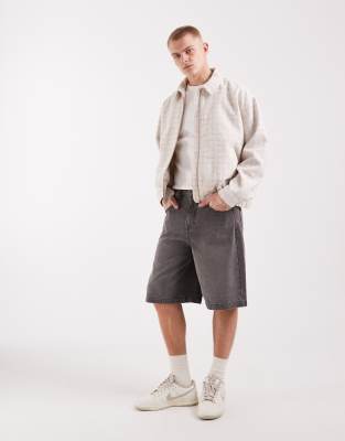 Asos Design Textured Checked Harrington Jacket In Neutral