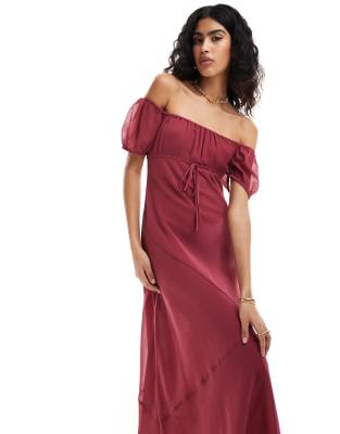 Asos Design Textured Chiffon Bardot Milkmaid Bust Midi Dress With Seam Detail In Berry Pink
