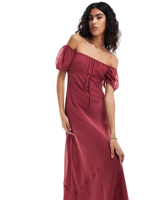 ASOS DESIGN textured chiffon bardot milkmaid bust midi dress with seam detail in berry pink