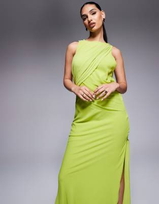 Asos Design Textured Chiffon Draped Bias Maxi Dress In Green