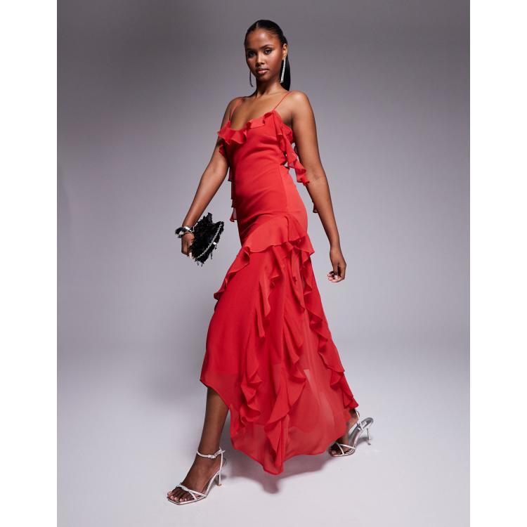 red chiffon ruffle layer maxi dress Virella  Crimson blossom layers  Tiered chiffon maxi dress