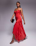 [ASOS DESIGN] ASOS DESIGN textured chiffon maxi dress with trailing ruffles in red 18 RED