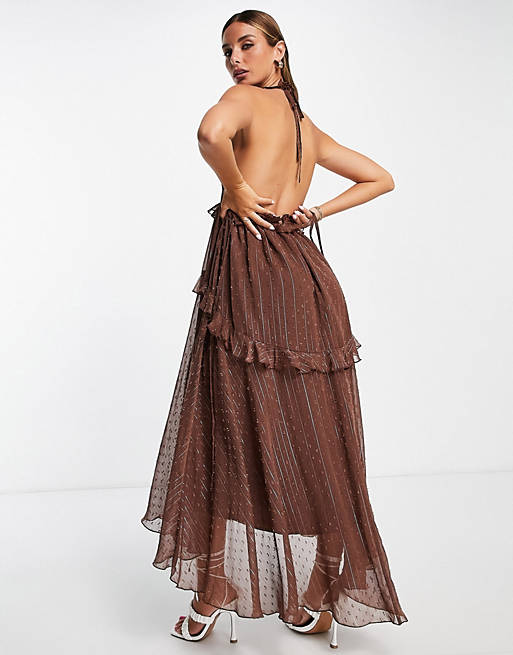 textured chiffon midi dress with lurex stripe and satin tie detail 