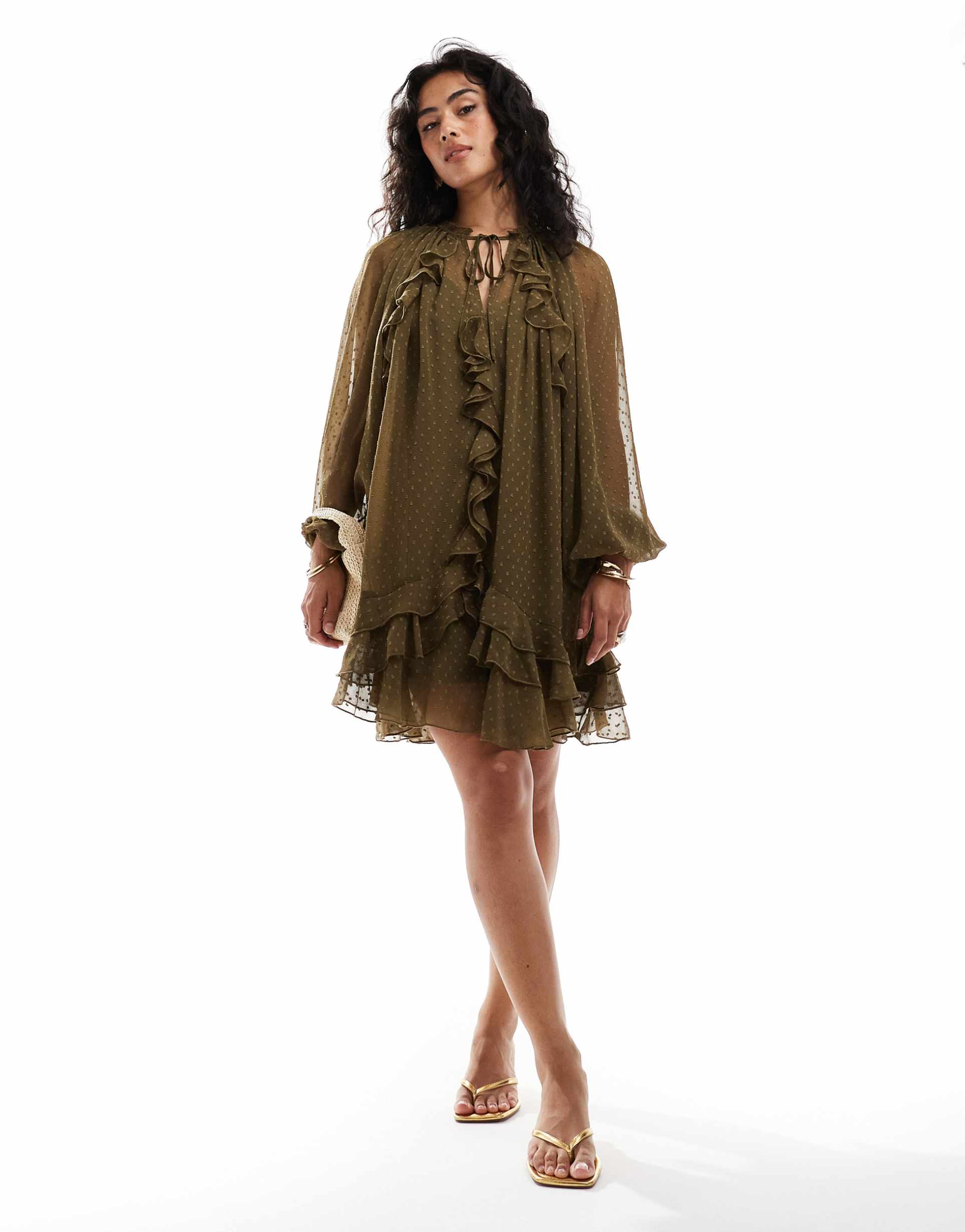 asos design textured chiffon mini dress with ruffles & blouson sleeve in dark green