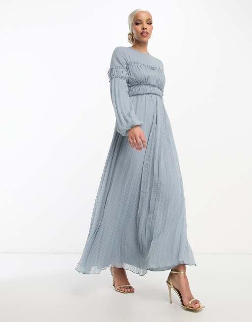 ASOS DESIGN textured chiffon pleat maxi dress with frill seam detail in  pale blue