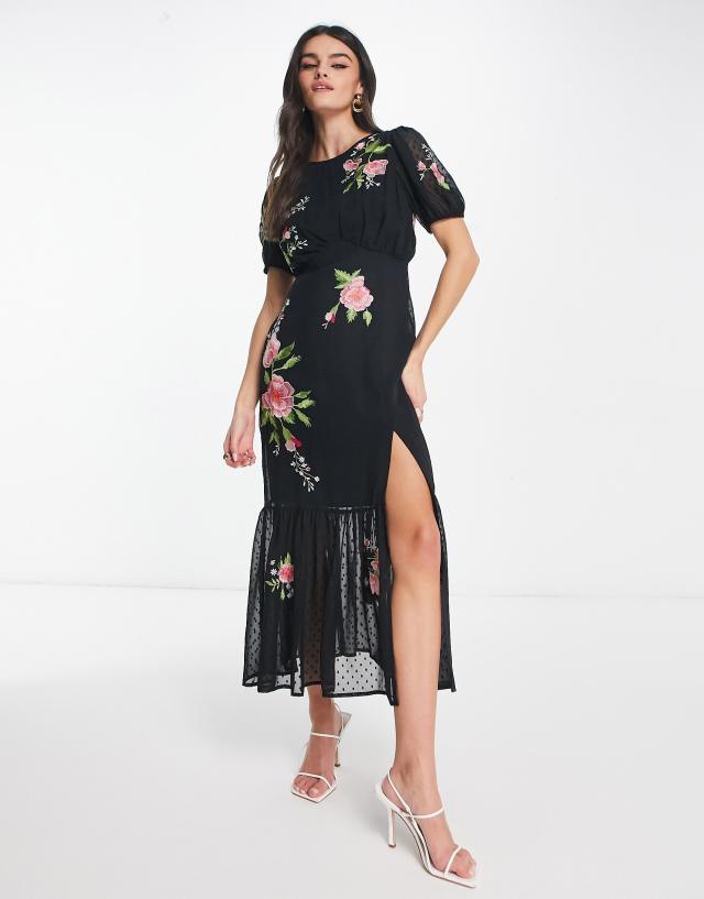 ASOS DESIGN textured chiffon puff sleeve midi tea dress with floral embroidery in black