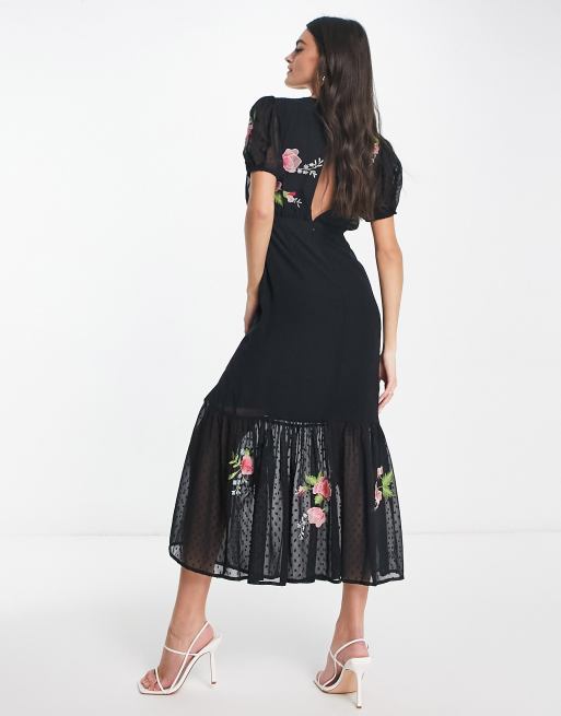ASOS DESIGN textured chiffon puff sleeve midi tea dress with floral  embroidery in black | ASOS