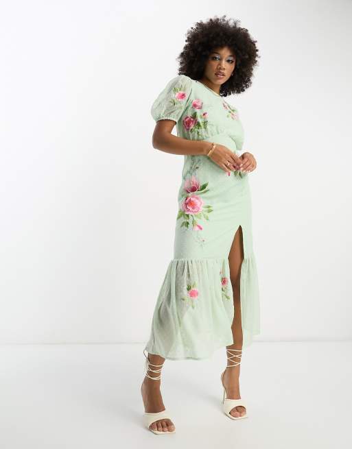 ASOS DESIGN textured chiffon puff sleeve midi tea dress with floral embroidery in pale green