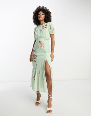 ASOS DESIGN textured chiffon puff sleeve midi tea dress with floral  embroidery in pale green | ASOS