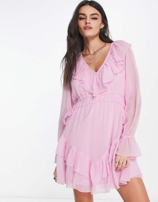 ASOS DESIGN textured chiffon waisted mini dress with frills in