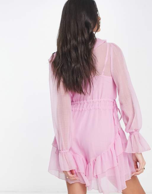 ASOS DESIGN textured chiffon waisted mini dress with frills in pink ASOS