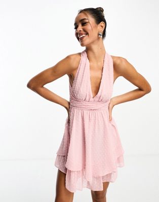 Asos Design Textured Chiffon Wraparound Waist Micro Mini Ballet Dress In Soft Pink