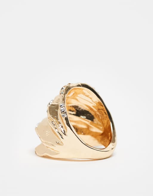 ASOS DESIGN textured chunky ring with crystal details in gold tone