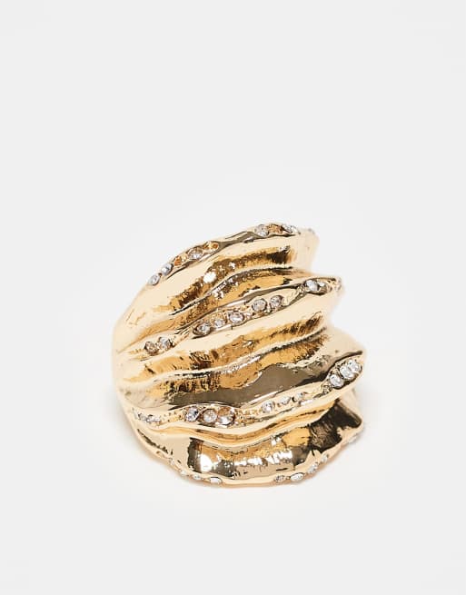ASOS DESIGN textured chunky ring with crystal details in gold tone