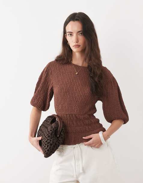 ASOS DESIGN textured cinch waist puff sleeve top in brown