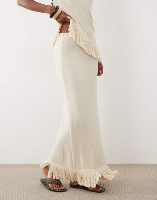ASOS DESIGN textured co-ord maxi skirt with tassel in cream, 2 of 5