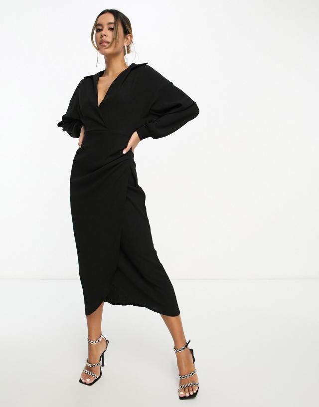 ASOS DESIGN textured collared wrap midi dress in black