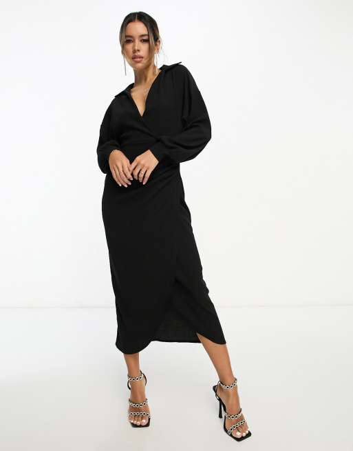 ASOS DESIGN textured collared wrap midi dress in black